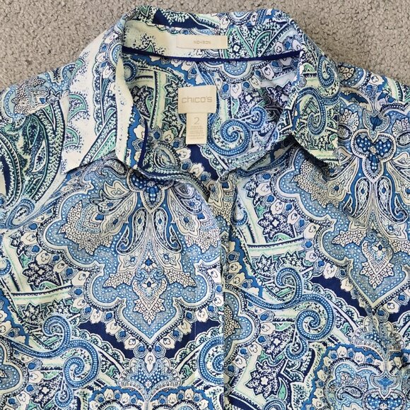 Chico's Effortless Gabrielle No Iron Blue Paisley Cotton Button-Up Shirt Boho - Picture 4 of 8